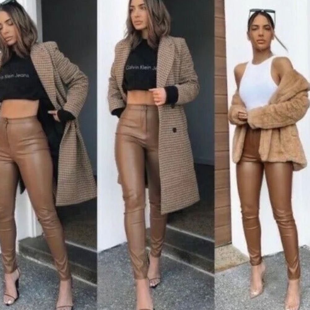 Caramel faux stretch leather leggings - Picture 3 of 4